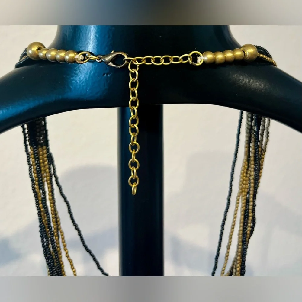 Vintage Black and Gold Tone Multi-strand Beaded Necklace - Picture 2 of 2